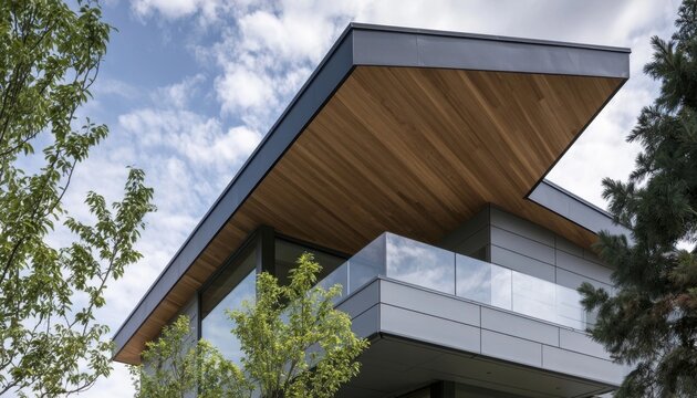 Residential building with cantilevered wood-lined overhang and glass railing against cloudy sky