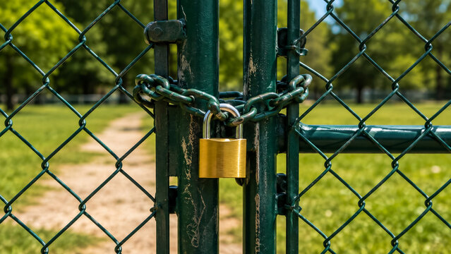 Padlock and chain securing a green metal chain link fence gate