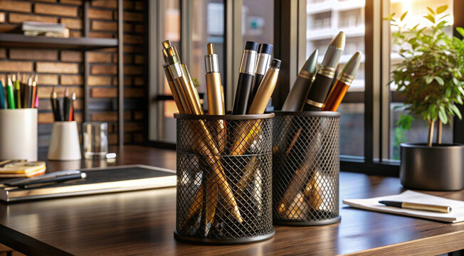 Dual metal pen holders filled with gold and black pens on an executive desk by the window for organized stationery, meeting preparation, office workflow and professional desktop setup