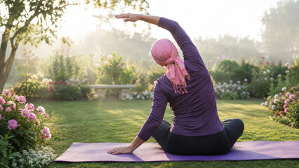 Obraz premium Woman practicing a gentle yoga stretch outdoors in a peaceful garden setting. Breast cancer recovery wellness concept.