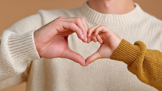 Warm minimal studio image of adult and child hands forming a heart gesture for fathers day hero banner and family love campaign concept
