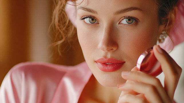 Young woman applying compact powder while looking into mirror in tight close up beauty portrait wearing pink satin robe with delicate makeup and soft background