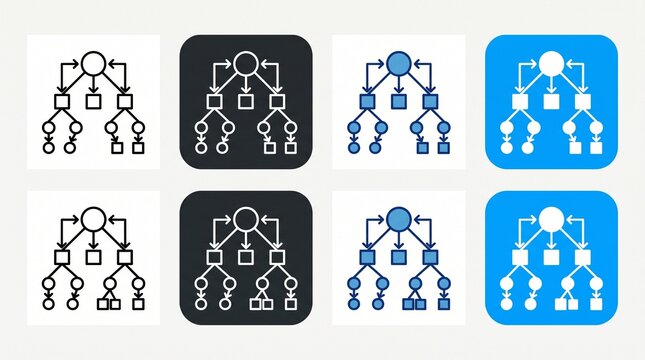 Eight icons of hierarchical tree diagrams in varied colors and backgrounds, symbolizing data structures, decision trees, and organizational charts&hellip;