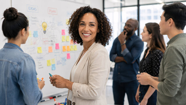 Woman leader turning with warm genuine smile