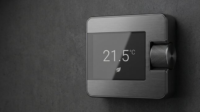 Modern smart digital thermostat showing temperature reading mounted on concrete wall for efficient home climate control