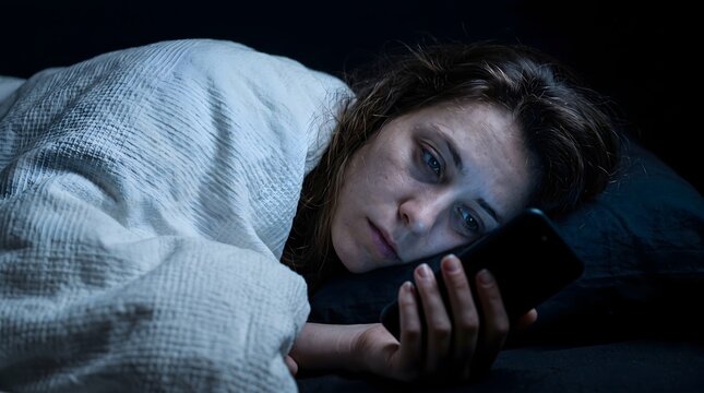 Exhausted young woman lying in bed at night while looking at her smartphone with a sad expression for digital addiction and insomnia health awareness concept.