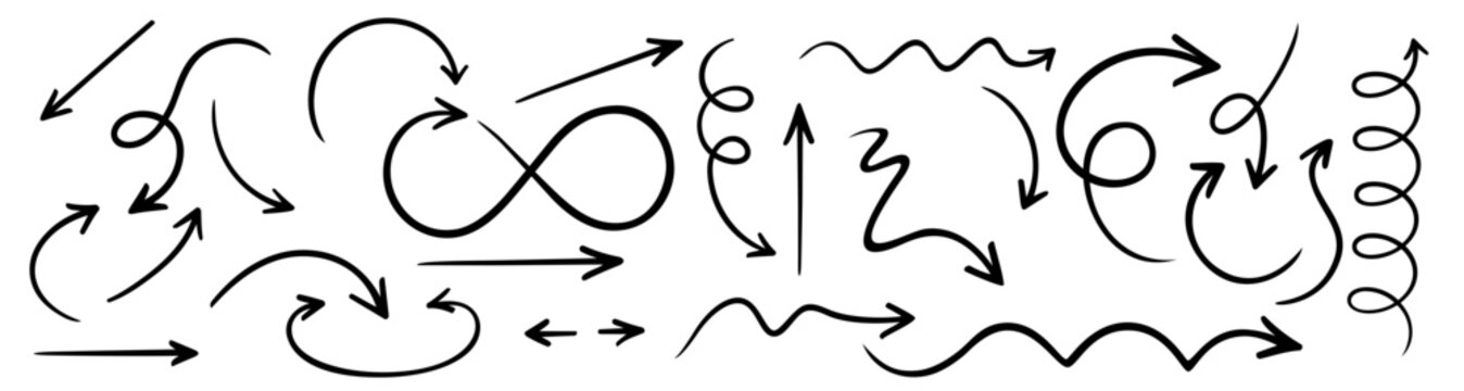 Arrows doodle icons of curve lines for direction points and design elements, vector hand drawn sketch pointers. Doodle arrow icons set of abstract shapes of arrow pointers