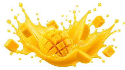Fototapeta premium A juice splash and mango pieces isolated on transparent background