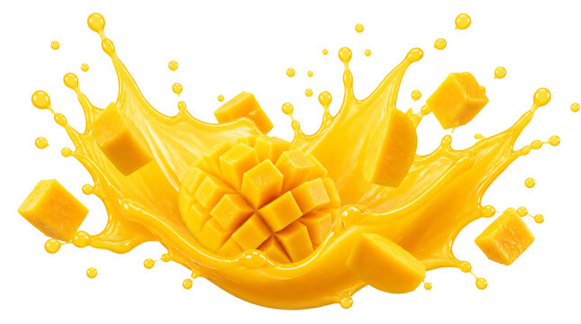 A juice splash and mango pieces isolated on transparent background
