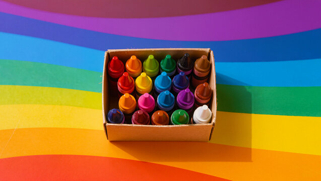 Box of Wax Crayons on Rainbow Background