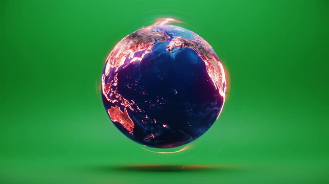 Rotating Planet Earth with fiery continents on green cyclorama