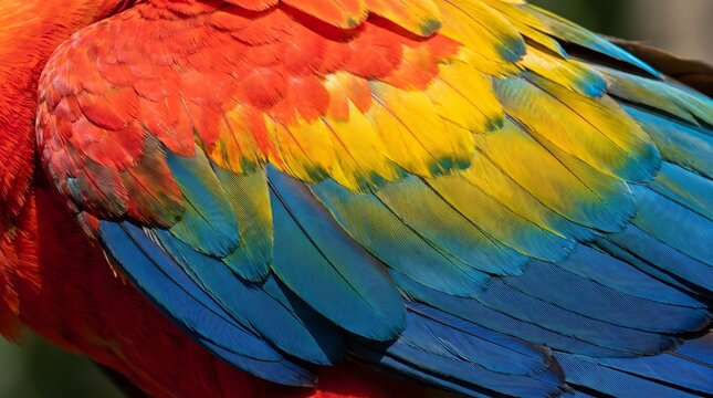 Scarlet Macaw Wing Feathers with Vibrant Red Yellow and Blue Natural Layers