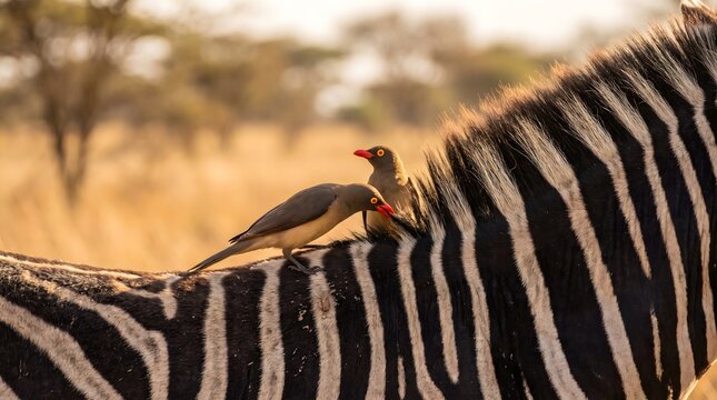 Red-Billed Oxpeckers on Zebra in African Grassland Showing Natural Symbiotic Behavior