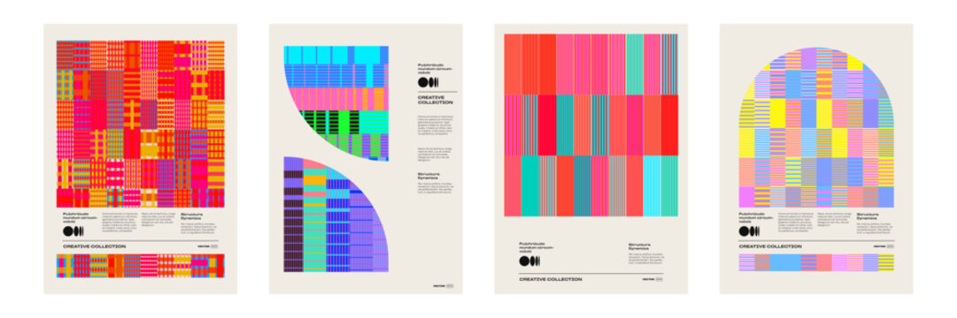 Modern trendy posters with stripes pattern of abstract color lines and geometric striped backgrounds. Vector stripe pattern poster templates