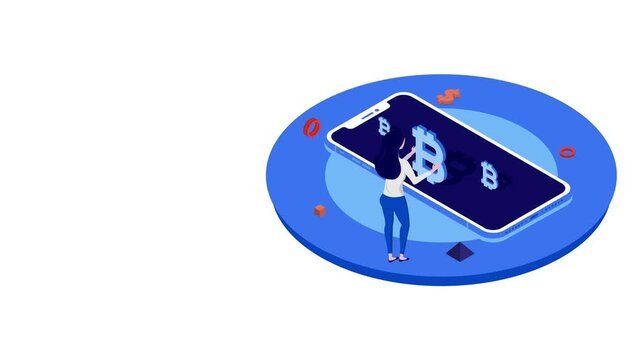 Isometric 3D vector illustration of a woman interacting with bitcoin symbols on a smartphone screen. Concept of cryptocurrency trading, mobile banking, digital finance, and online investment.