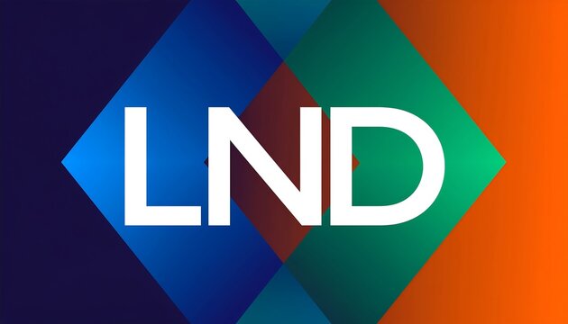 Abstract geometric logo with LND initials on gradient background.