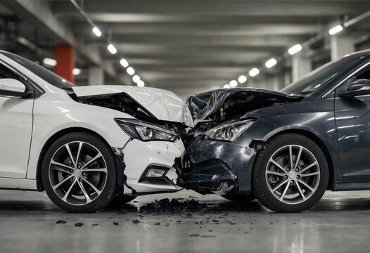 White car and dark auto front collision accident inside parking garage