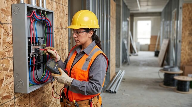 Female construction electrician testing wiring continuity on site