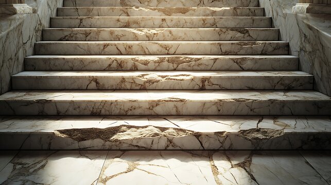 Cinematic shot of ancient cracked white marble stairs leading upward with dramatic lighting and aged stone texture in a classical building
