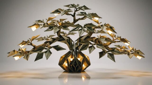 Close-up of a geometric gold vase with a leafy plant on a white surface