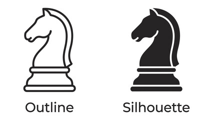 Chess Knight: Two stylized chess knight pieces, one depicted as an outline and the other as a solid silhouette, represent strategy and intellect. © Mdd64