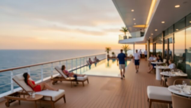 Wide angle luxury cruise ship deck at sunset with infinity pool and lounge chairs overlooking the sea.