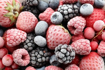 Fototapeta premium Different frozen berries as background, top view