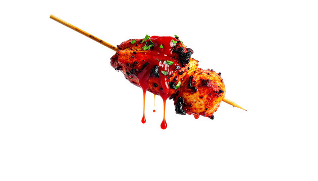 A single chicken tikka skewer captured with vibrant red marinade dripping slowly off the charred edges, droplets frozen mid-fall, isolated on transparent background.