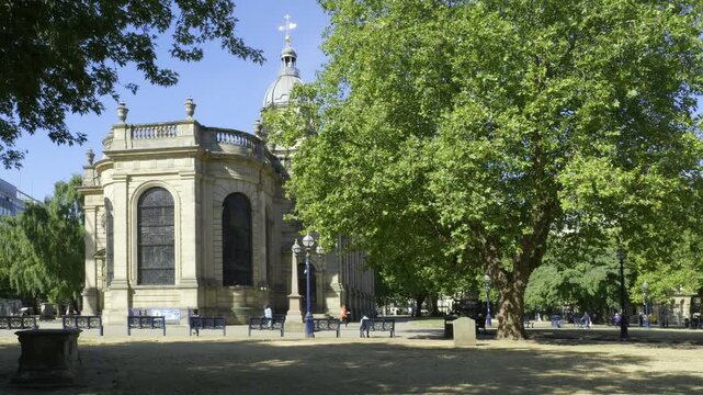 St Philip's Cathedral Birmingham England Exterior and Cathedral Gardens on a Sunny Day.