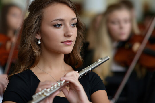 Young woman plays flute onstage