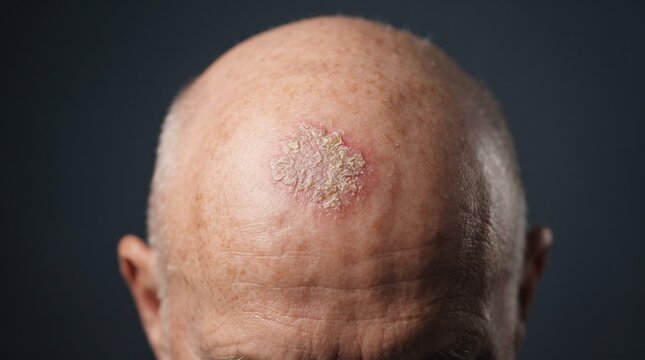 Close up of a bald senior man's head showing a prominent scaly red patch, actinic keratosis or psoriasis plaque