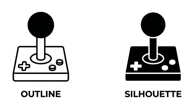Arcade Joystick Icon Set: A graphic representation featuring two styles of arcade joystick controllers &ndash; one in outline and the other in silhouette &ndash; perfect for gaming and retro themes.