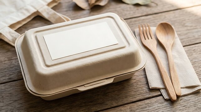 Eco-friendly dining set with wooden fork, spoon, and biodegradable container . Sustainable utensils and packaging. Food delivery eco packaging mockup. Food packaging