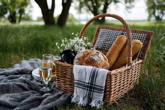Picnic basket in a green field