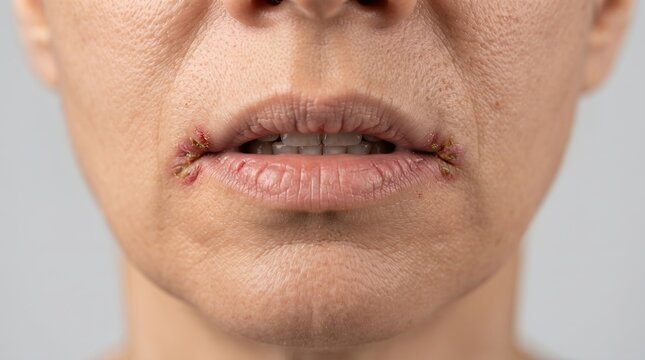 Close Up of Woman Mouth with Angular Cheilitis Cracks and Sores at Corners