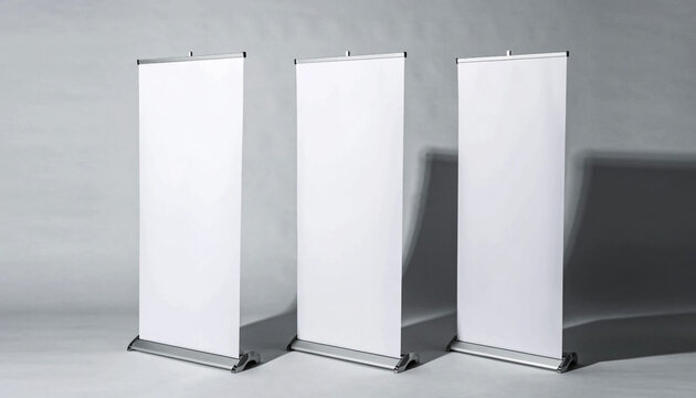 Three blank roll-up banners for advertising display