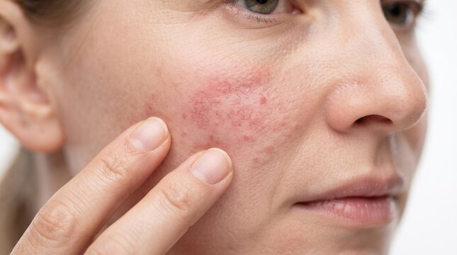 Unhappy woman touching her cheek with severe rosacea redness and sensitive skin breakout