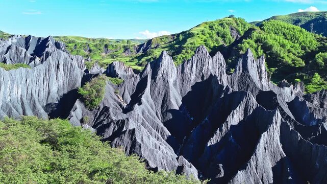 Aerial view of sharp gray rock formations and green hills under a clear blue sky in Moshi Park, Garze, Sichuan, China
