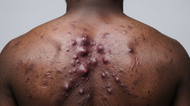 Close up of African American male back with severe cystic acne nodules and pimples breakouts