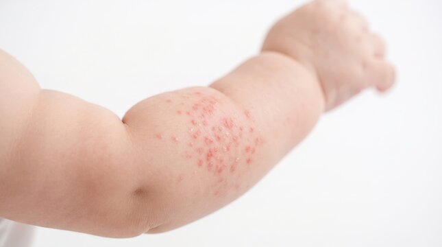 Close up of baby arm suffering from severe atopic dermatitis eczema or heat rash breakouts