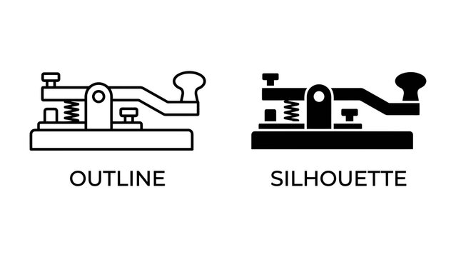 Morse Code Telegraph Keys: An icon representing two distinct styles, outline and silhouette, of a classic Morse code telegraph key used for sending messages.