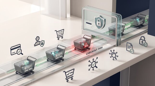 Ecommerce cart security alert system intercepting fraudulent transaction risk during online retail checkout