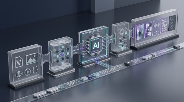 Artificial intelligence processing pipeline showing automated machine learning workflow for digital multimedia generation