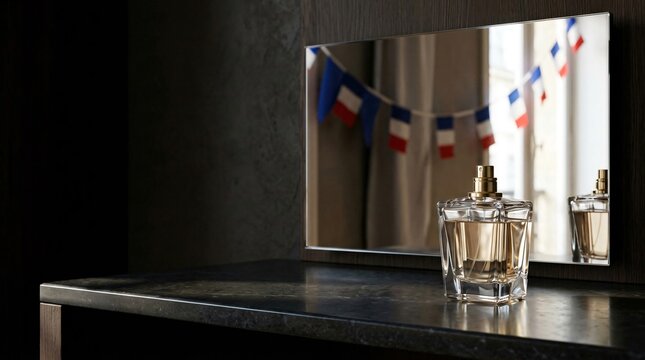 A glass perfume bottle rests upon a dark wooden vanity table while the reflection in the mirror captures tiny French flags hanging near a bright window within a sophisticated residential
