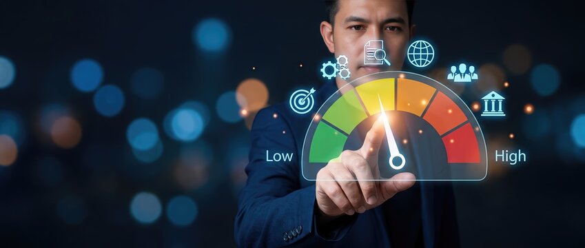 Professional analyzing a digital performance meter interface engaging with data to make informed strategic decisions in a contemporary office setting.