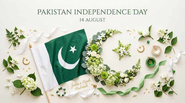 Pakistan Independence Day 14 August celebration background, green flag with floral crescent and star, elegant national holiday banner
