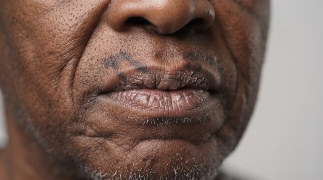 Extreme close up of severe dry chapped lips and cheilitis on Black male face