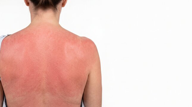 Rear view of a woman's back and shoulders suffering from severe red sunburn and UV skin damage