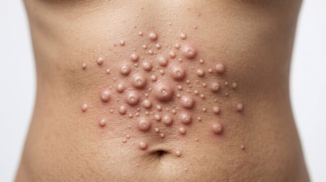 Close up of molluscum contagiosum viral skin infection papules on human abdomen