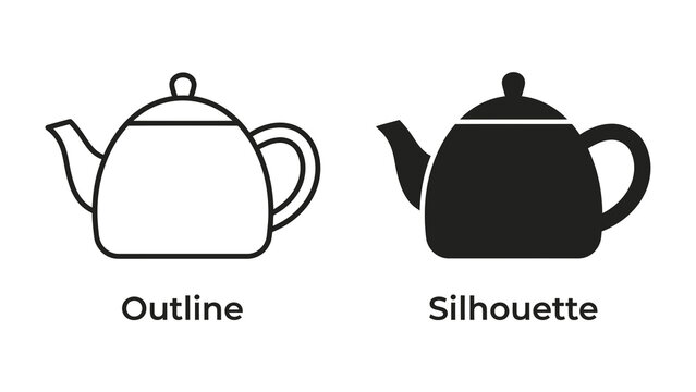 Teapot Outline and Silhouette: A classic teapot design presented in both outline and silhouette form, illustrating distinct visual representations of a familiar kitchenware item.